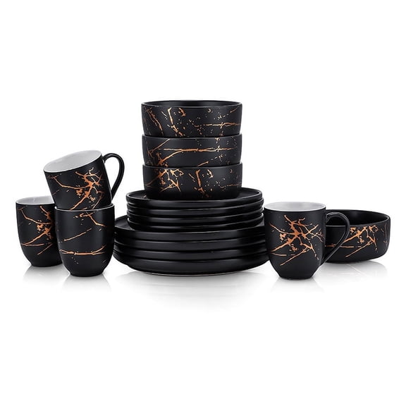 Stone Lain Zora 32-Piece Porcelain Gold Splash Dinnereware Set, Service for 8, Black with Gold
