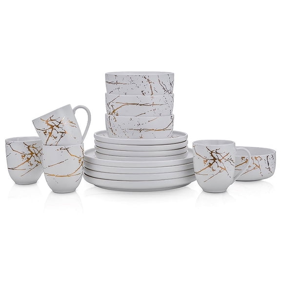 Stone Lain Zora 32-Piece Porcelain Gold Splash Dinnereware Set, Service for 8, White with Gold