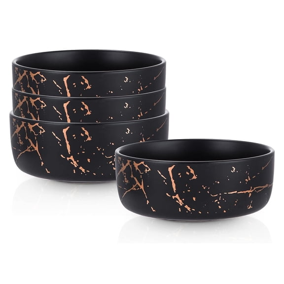 Stone Lain Zora Porcelain 4 Piece Bowl Set, Soup or Salad Serving Dishes, Black & Gold