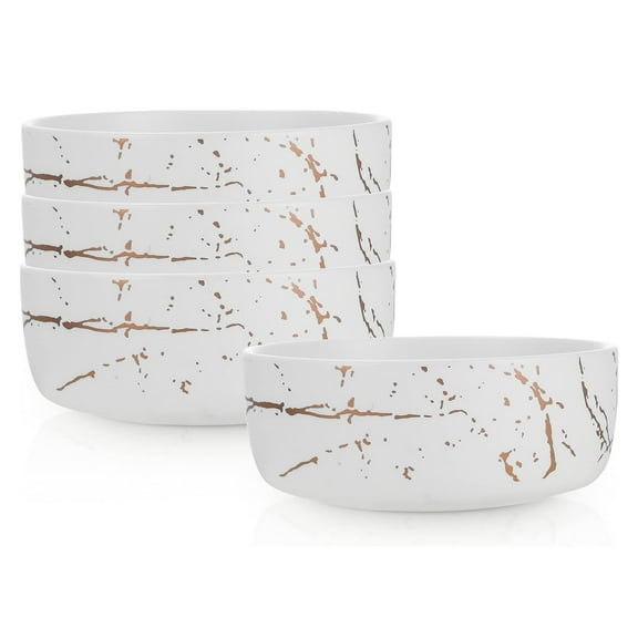 Stone Lain Zora Porcelain 4 Piece Bowl Set, Soup or Salad Serving Dishes, White & Gold