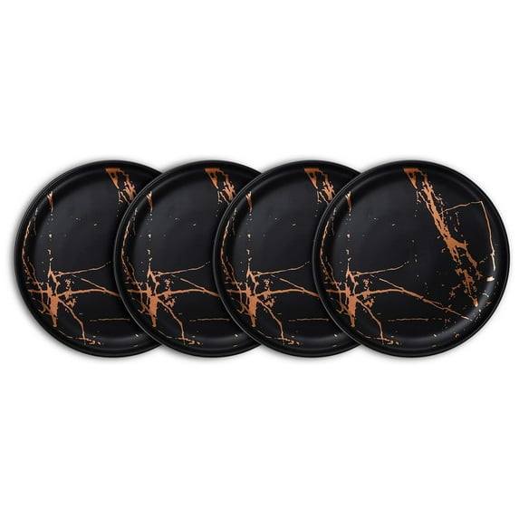 Stone Lain Zora Porcelain 4 Piece Salad Dinner Plate Set, Serving Dishes, Black & Gold