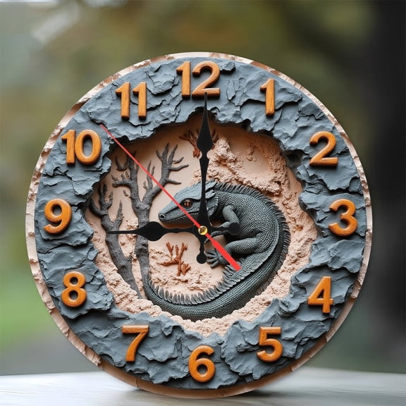 Stone Lizard Wall Clock Reptile Decor 10-Inch Silent Wooden Wall Clock, Battery Operated (AA Batteries Not Included), Artistic Home Decor