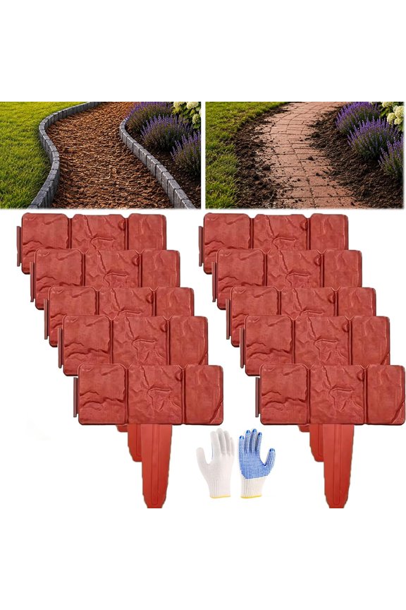 Stone-Look Garden Edging Border, No Dig Interlocking Landscape Fence for Flower Beds & Lawn, Flexible Plastic Retaining Wall Edging, Decorative Outdoor Grass Border for Yard & Garden (20, Brick Red)