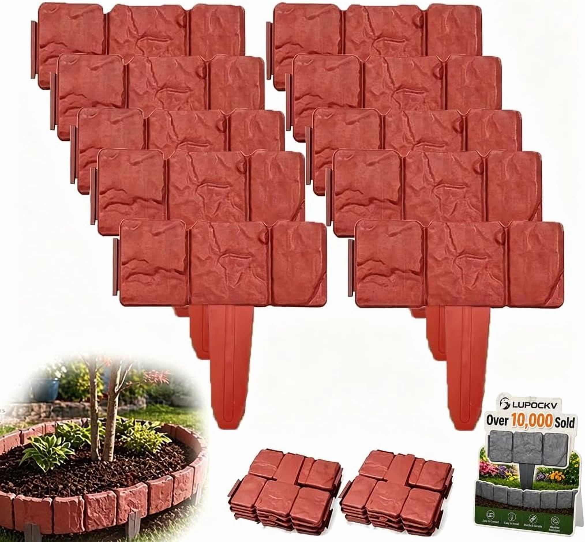 Stone Look Garden Edging Border Fence, Interlocking Plastic Landscape Edging with Built-In Stakes for Flower Beds, Lawn, Pathway & Yard Decor, Weather Resistant Outdoor Border Panels, Black,20pcs