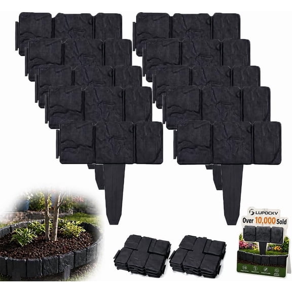 Stone Look Garden Edging Border Fence, Interlocking Plastic Landscape Edging with Built-In Stakes for Flower Beds, Lawn, Pathway & Yard Decor, Weather Resistant Outdoor Border Panels, Black,10pcs