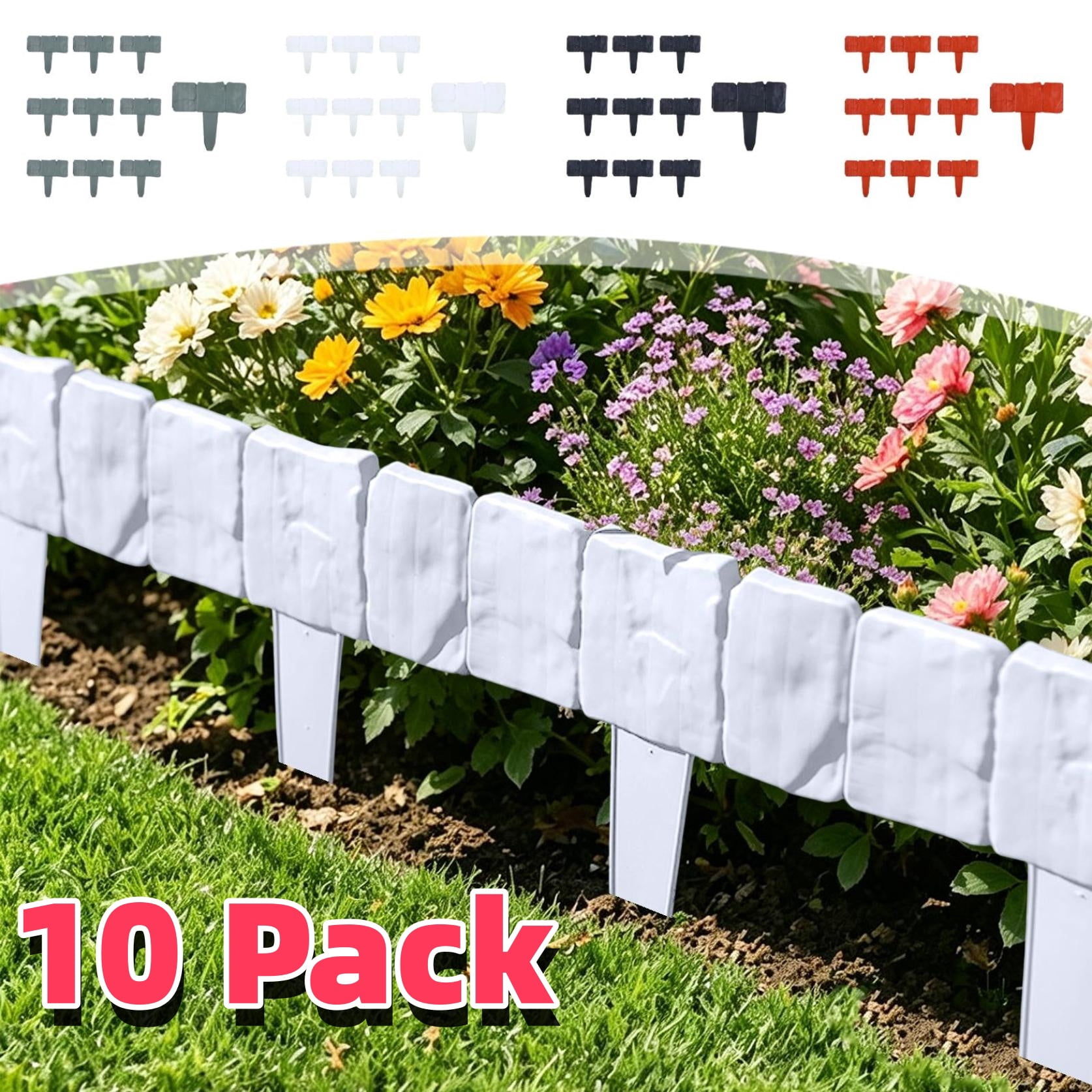 Stone-Look Lawn Edging Border, Imitation Stone Garden Fence for Flower Beds, No Dig Plastic Retaining Edging, Flexible Interlocking Landscape Decorative Border - Gray (10pcs)