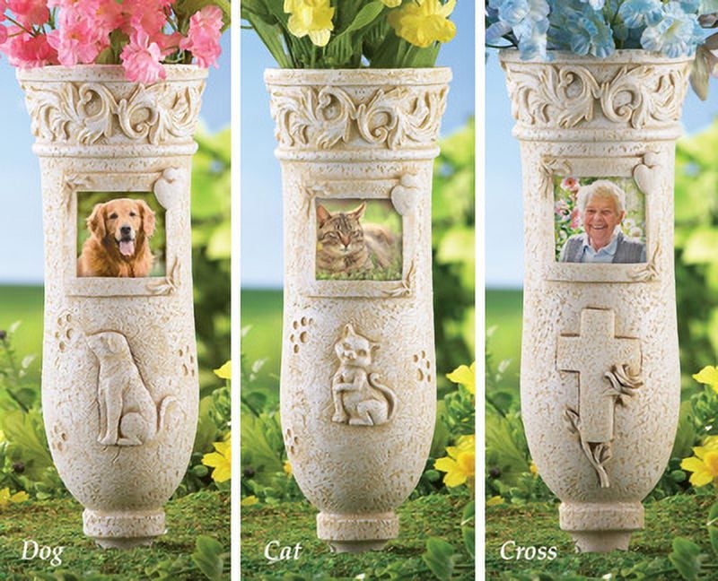 Stone Memorial Vase Garden Stake with Photo Frame Cat