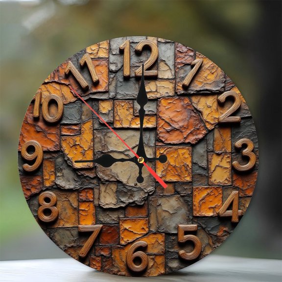 Stone Mosaic Wall Clock Rustic Home Decor 10-Inch Silent Wooden Wall Clock, Battery Operated (AA Batteries Not Included), Artistic Home Decor