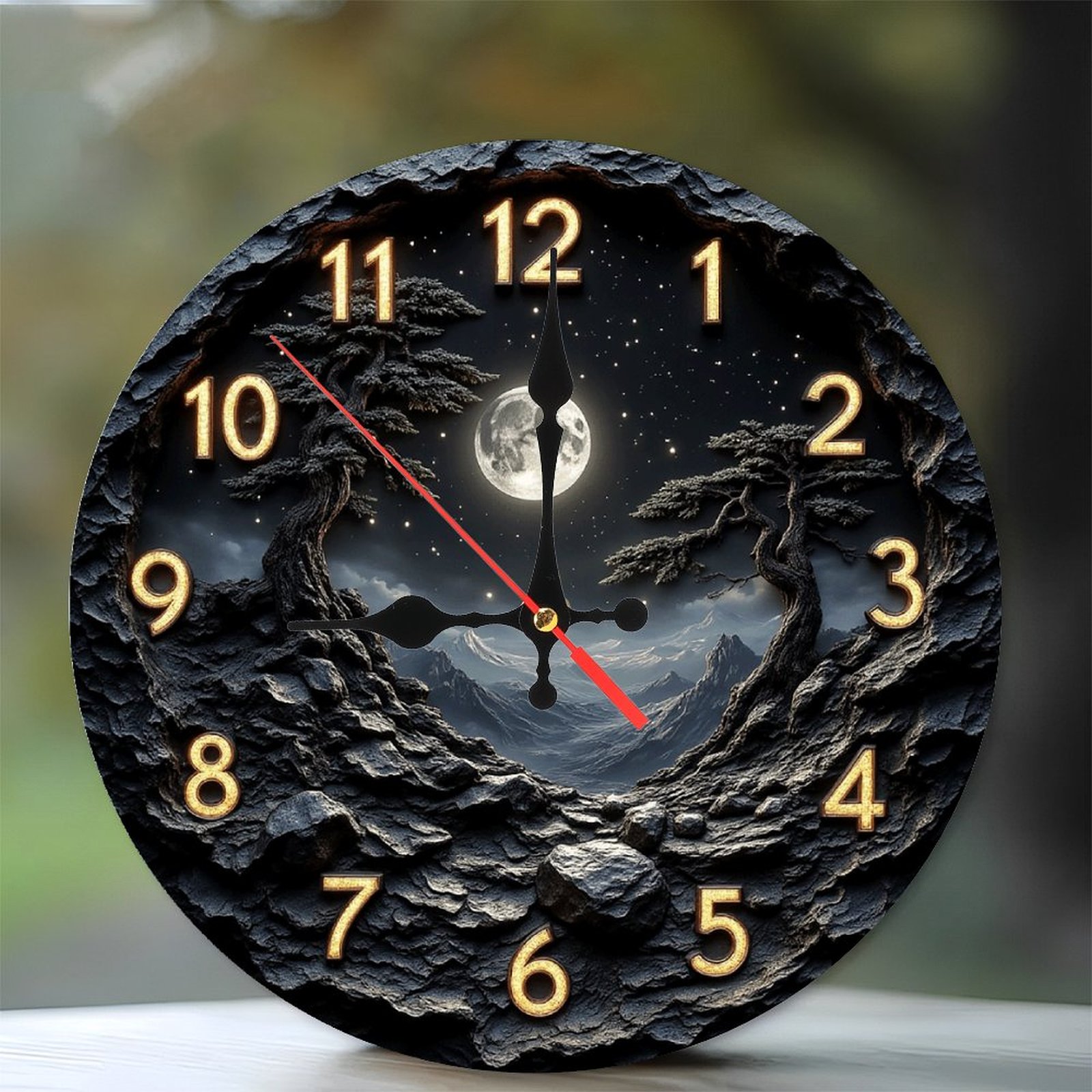 Stone Mountain Moonlit Night Wall Clock 10-Inch Silent Wooden Wall ...