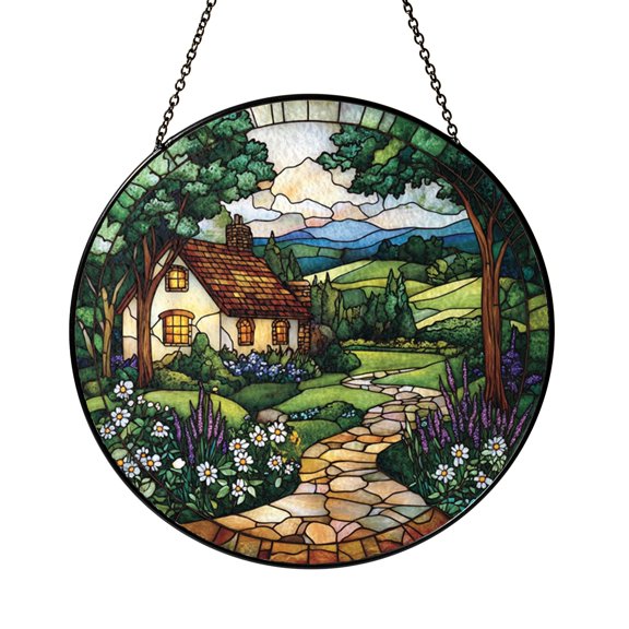 Stone Path Flower Garden Cottage Glass Suncatcher Window Hanging Warm Cottagecore Nature Decor Thoughtful Gift