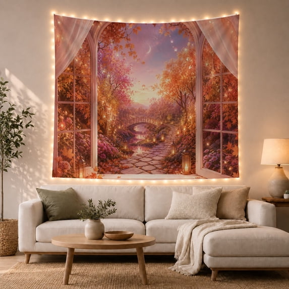 Stone Pathway Through Glowing Lanterns & Autumn Foliage, Whimsical Fantasy for Nature Lovers, Enchanted Landscape Art, Housewarming Gift Tapestry Wall Hanging for Bedroom and Living Room