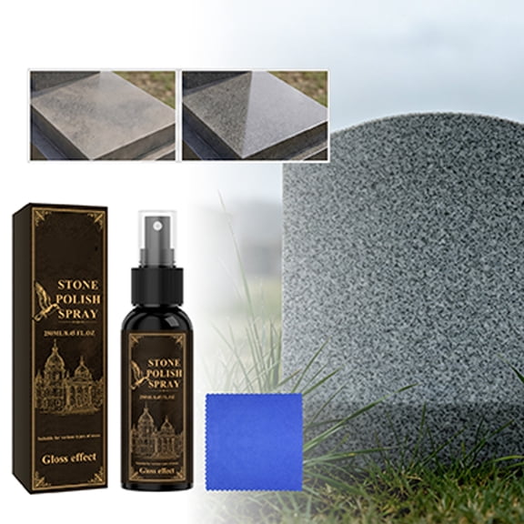 Stone Polishing Spray for Tombstones, Granite and Marble Cleaner, Restores Gloss Finish & Long-Lasting Protection, Easy to Use Cleaning Solution with Microfiber Cloth (8.45 Fl. Oz)