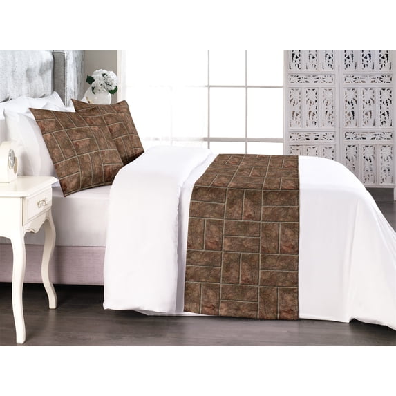 Stone Print Bed Runner Set, Rocky Brick Wall Like Pattern of Earthy Modern Look Realistic Design, Decorative Bedding Scarf & 2 Pillow Shams for Hotels Homes, Queen, Ecru Brown and Cocoa, by Ambesonne