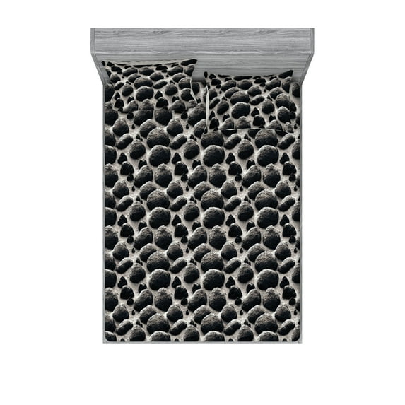 Stone Print Fitted Sheet & Pillow Sham Set, Boulder Rock Coastal Nature View Sand Beach Real Life Image Pattern, Decorative Printed 3 Piece Bedding Decor, King, Dark Grey and Dimgray, by Ambesonne