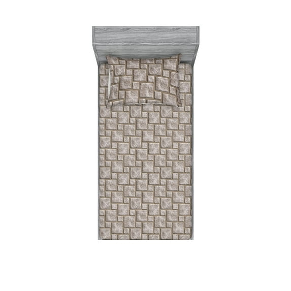 Stone Print Fitted Sheet & Pillow Sham Set, Square Shape Rocks Pattern Symmetric Look Repetitive Illustration, Decorative Printed 2 Piece Bedding Decor, Twinxl, Warm Taupe and Dark Tan, by Ambesonne