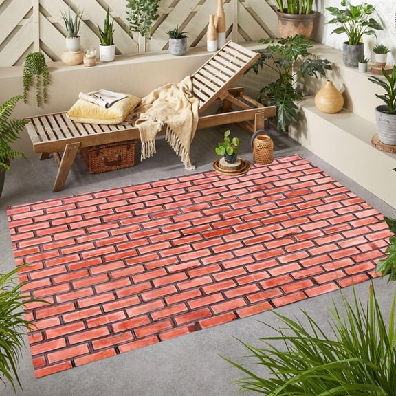Stone Print Red Area Rug, Modern Farmhouse Outdoor Design Carpet, Washable Non Slip Waterproof Durable, Patio Deck Balcony Backyard Entrance Mat 2x3ft