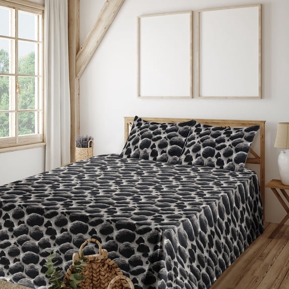 Stone Print Sheet Set, Boulder Rock Coastal Nature View Sand Beach Real Life Image Pattern, Fitted & Flat Sheet with Pillowcase Bedding Accent 4 Pcs Set, Calking, Dark Grey and Dimgray, by Ambesonne