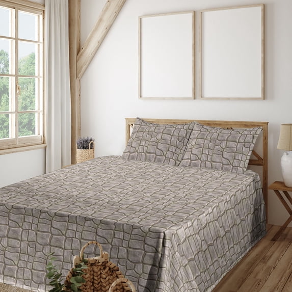 Ambesonne Stone Print Fitted & Flat Sheet with Shams 4 Pcs Set, Rock Look Pattern Print, Calking, Pale Grey Camel