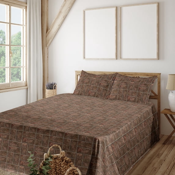 Ambesonne Stone Print Fitted & Flat Sheet with Sham 3 Pcs Set, Wall Look Art Earthy, Twin, Ecru Brown and Cocoa