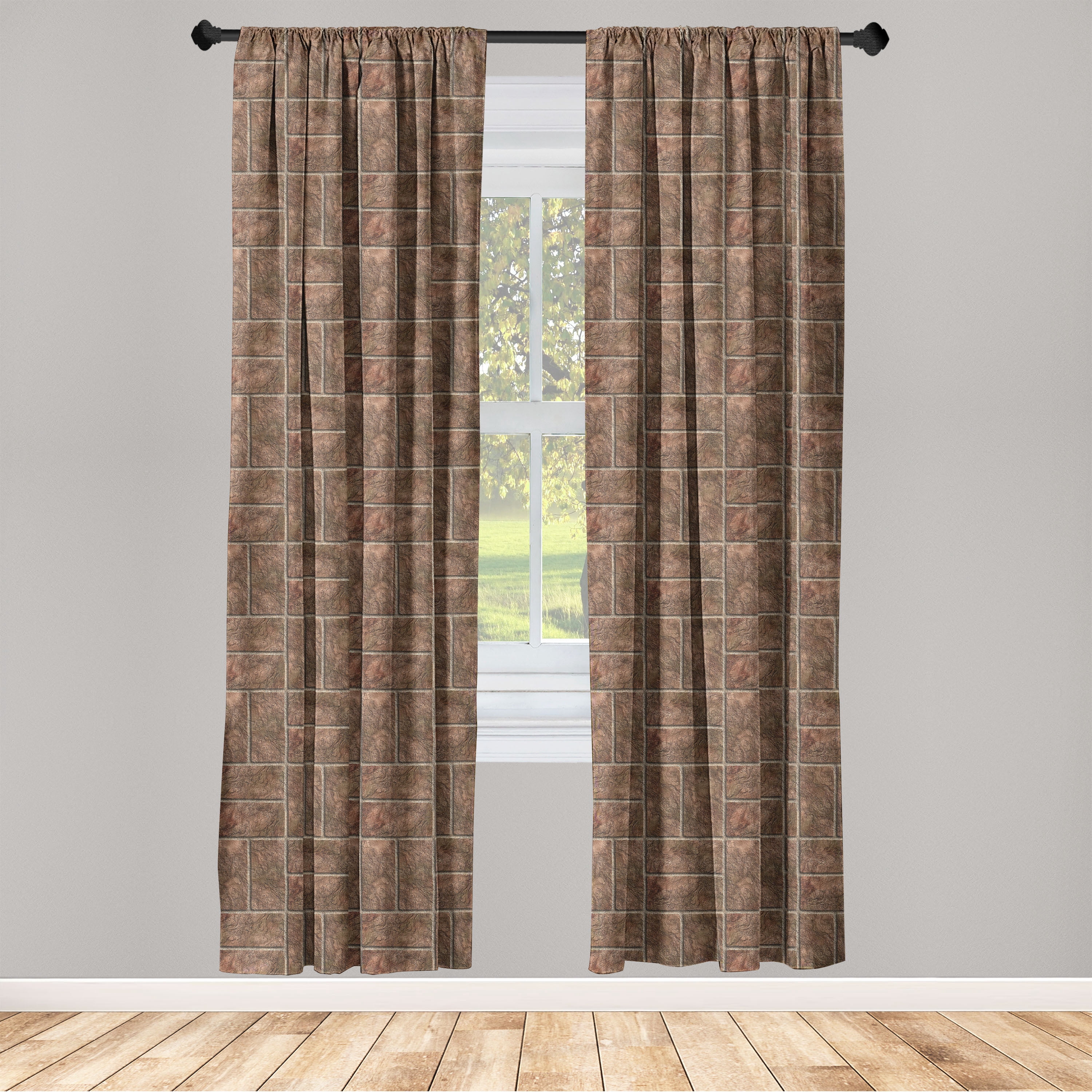 Earthy Window Screen Stone Print Window Curtains, Rocky Brick Wall Like Pattern of Earthy ...