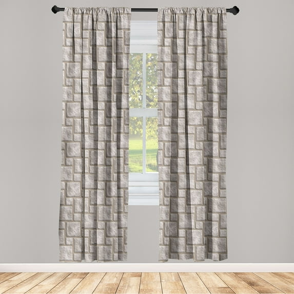 Stone Print Window Curtains, Square Shape Rocks Pattern Symmetric Look Repetitive Illustration, Lightweight Decor 2-Panel Set with Rod Pocket, Pair of - 28"x84", Warm Taupe and Dark Tan, by Ambesonne