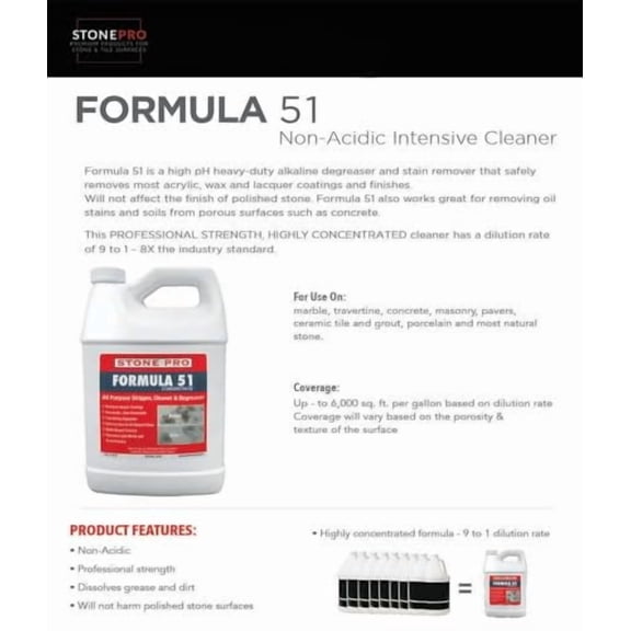 Stone Pro Formula 51 Quart Concentrate - Heavy Duty Cleaner & Degreaser - Safe for Natural Stone, Concrete, Tile & Grout