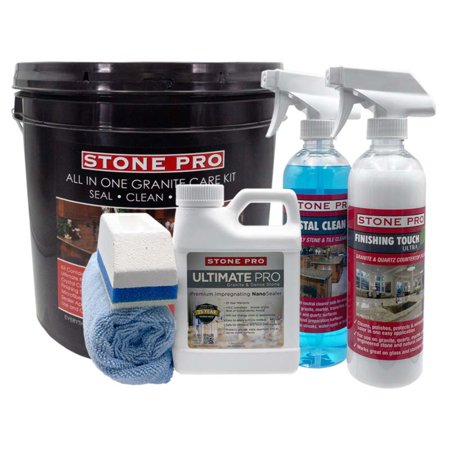 Stone Pro Granite Care Kit - Seal, Clean, Polish, Ultimate Pro Granite Sealer, Crystal Clean Daily Cleaner, Finishing Touch Granite Polish, Microfiber Cloths And Sealer Applicator (All-in-One Kit)