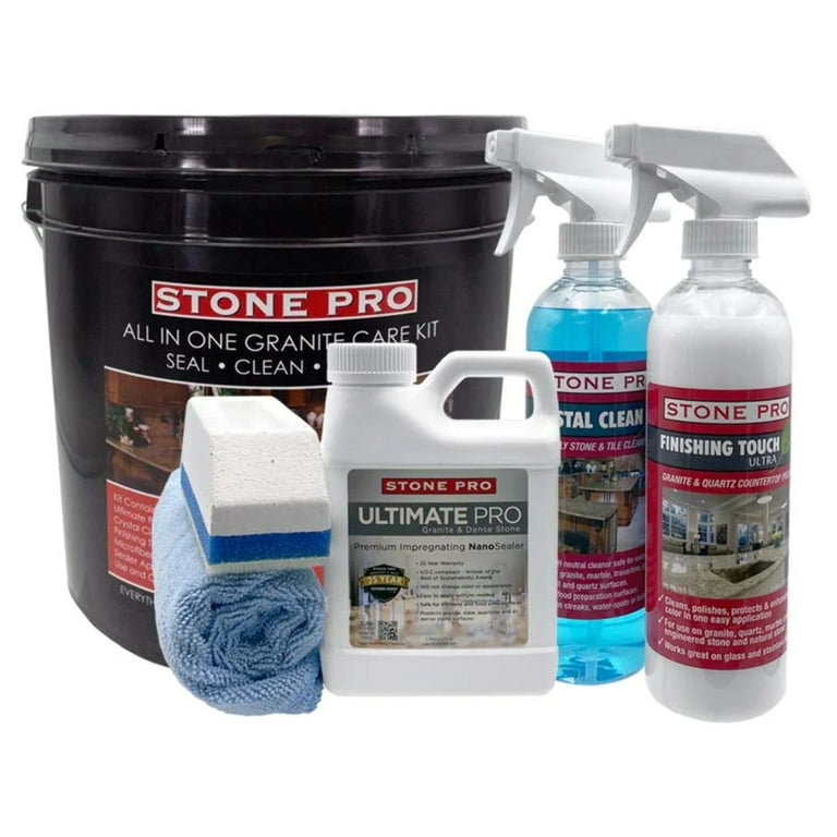 Stone Pro Granite Care Kit - Seal, Clean, Polish, Ultimate Pro Granite  Sealer, Crystal Clean Daily Cleaner, Finishing Touch Granite Polish,  Microfiber Cloths And Sealer Applicator (All-in-One Kit) 