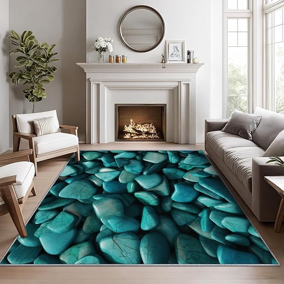 Stone Rugs for Living Room, Turquoise Cobblestone Rug, Teal Rock Print Area Rugs, Pebble Print Washable Rug Non-Slip Carpet, Rustic Cobble Home Decor & Gifts 5x8ft
