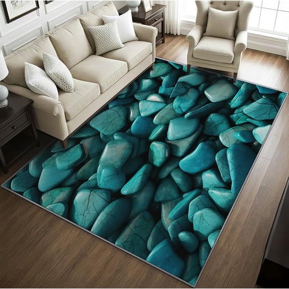 Stone Rugs for Living Room -Turquoise Cobblestone Rug, Teal Rock Print Washable Rugs for Living Room, Pebble Print Area Rug for Bedroom, Rustic Cobble Home Decor & Gifts 5 x 6ft