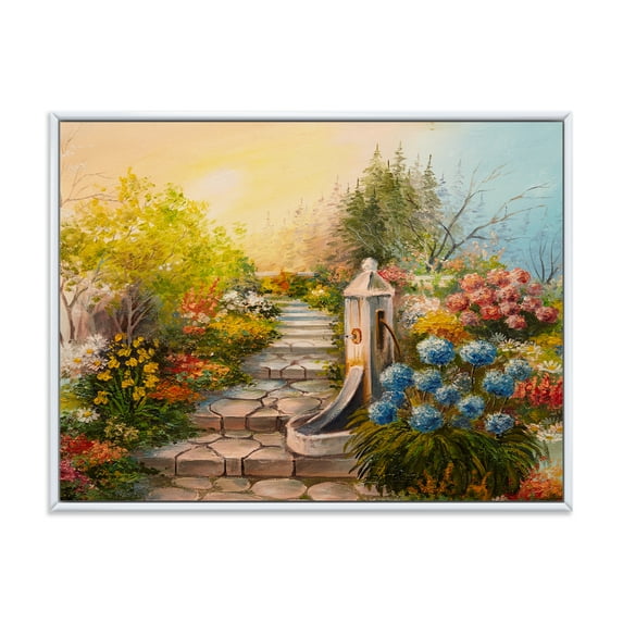 Stone Stairs In The Blossoming Flowers Forest 32 in x 24 in Framed Painting Canvas Art Print, by Designart
