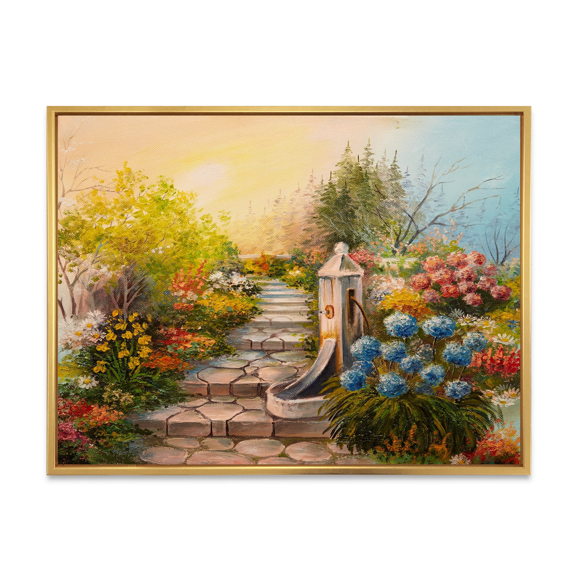 Stone Stairs In The Blossoming Flowers Forest 40 in x 30 in Framed Painting Canvas Art Print, by Designart