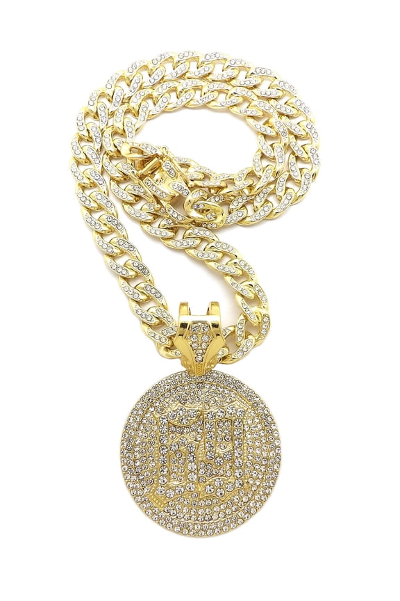 Stone Stud 69 Hip-Hop Medal Pendant with 10mm 18" Box Lock Iced Out Cuban Chain Necklace in Gold-Tone