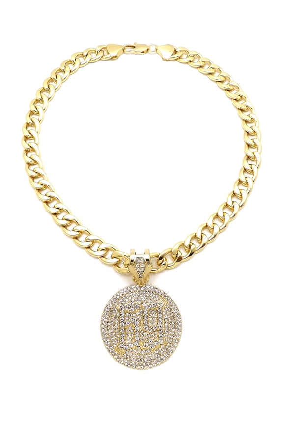 Stone Stud 69 Hip-Hop Medal Pendant with 11mm Cuban Chain Necklace, Gold-Tone, 18"