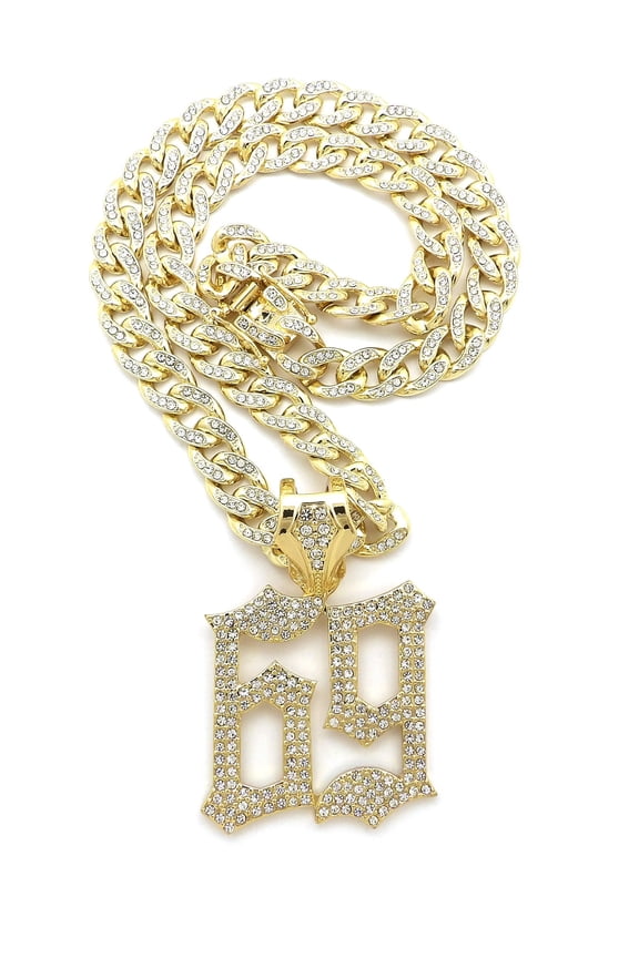 Stone Stud 69 Hip-Hop Pendant with 10mm 18" Box Lock Iced Out Cuban Chain Necklace in Gold-Tone