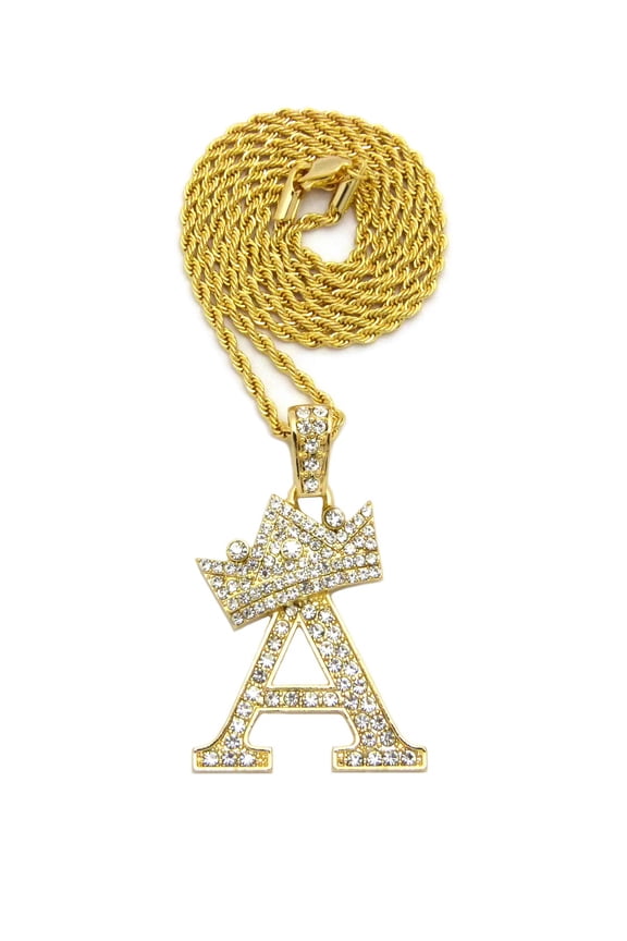 Stone Stud Allover Tilted Crown Initial A Pendant w/ 2mm 24" Rope Chain Necklace, Gold-Tone