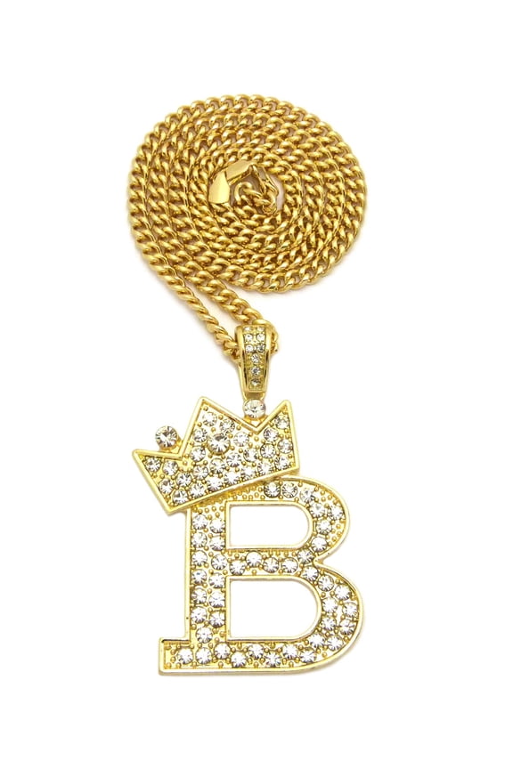 Stone Stud Allover Tilted Crown Initial B Pendant w/ 5mm 24" Cuban Chain Necklace, Gold-Tone