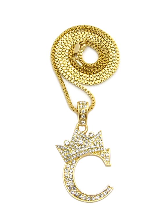 Stone Stud Allover Tilted Crown Initial C Pendant w/ 2mm 24" Box Chain Necklace, Gold-Tone