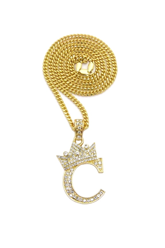 Stone Stud Allover Tilted Crown Initial C Pendant w/ 3mm 24" Cuban Chain Necklace, Gold-Tone