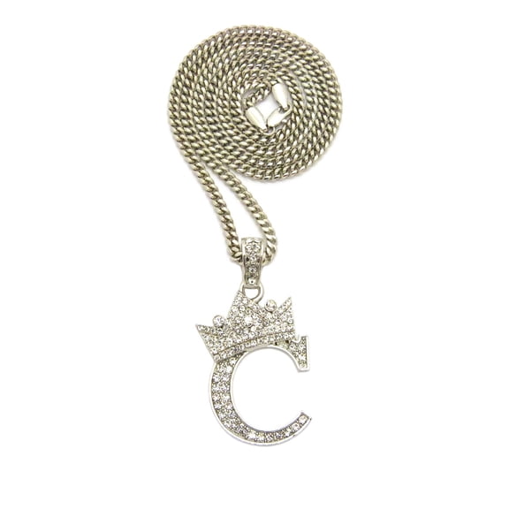 Stone Stud Allover Tilted Crown Initial C Pendant w/ 3mm 24" Cuban Chain Necklace, Silver-Tone