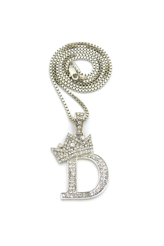 Stone Stud Allover Tilted Crown Initial D Pendant w/ 2mm 24" Box Chain Necklace, Silver-Tone