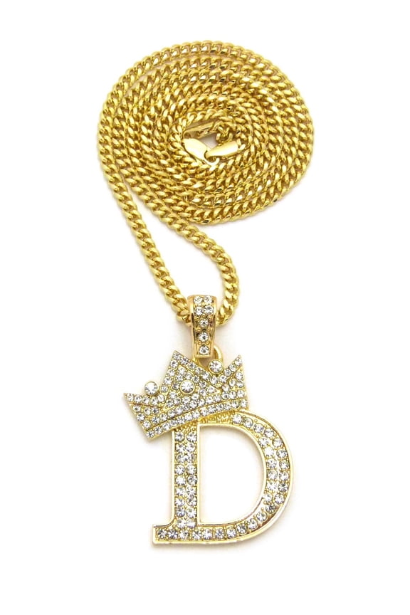Stone Stud Allover Tilted Crown Initial D Pendant w/ 3mm 24" Cuban Chain Necklace, Gold-Tone