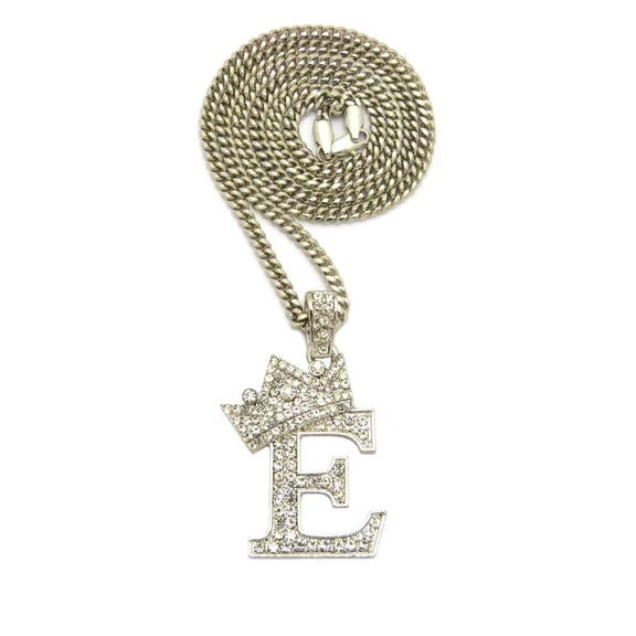 Stone Stud Allover Tilted Crown Initial E Pendant w/ 3mm 24" Cuban Chain Necklace, Silver-Tone