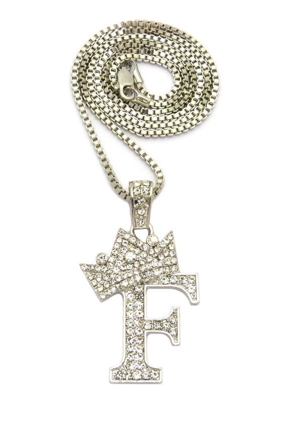 Stone Stud Allover Tilted Crown Initial F Pendant w/ 2mm 24" Box Chain Necklace, Silver-Tone
