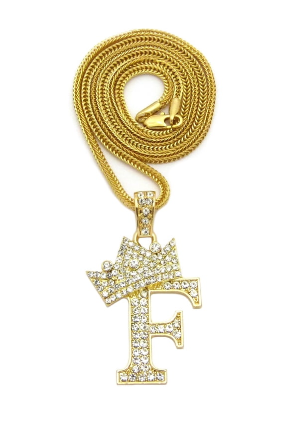 Stone Stud Allover Tilted Crown Initial F Pendant w/ 3mm 24" Fox Chain Necklace, Gold-Tone