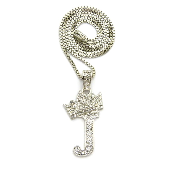 Stone Stud Allover Tilted Crown Initial J Pendant w/ 2mm 24" Box Chain Necklace, Silver-Tone