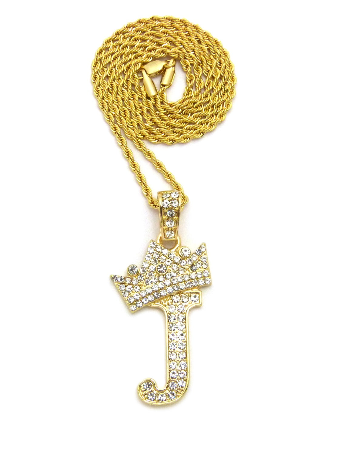 Stone Stud Allover Tilted Crown Initial J Pendant w/ 2mm 24" Rope Chain Necklace, Gold-Tone