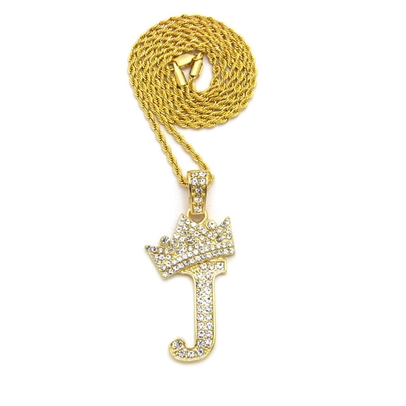 Stone Stud Allover Tilted Crown Initial J Pendant w/ 2mm 24" Rope Chain Necklace, Gold-Tone