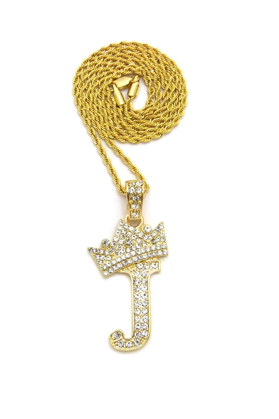 Stone Stud Allover Tilted Crown Initial J Pendant w/ 2mm 24" Rope Chain Necklace, Gold-Tone