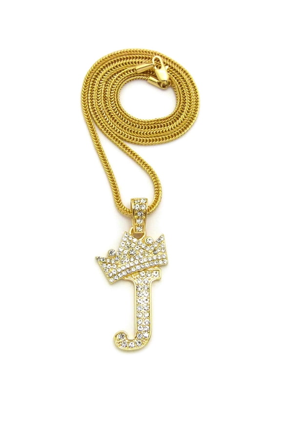 Stone Stud Allover Tilted Crown Initial J Pendant w/ 3mm 24" Fox Chain Necklace, Gold-Tone